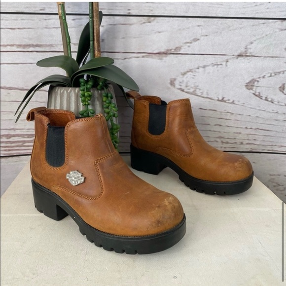 Y2K Harley Davidson Tan Lug Sole Booties 38 - Picture 1 of 9